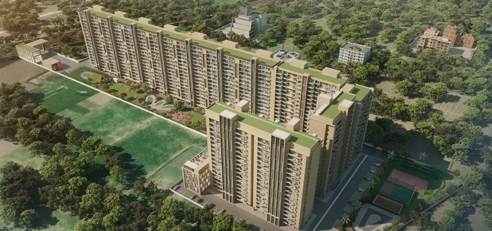 Aerial view of Ananta Aspire towers and central park